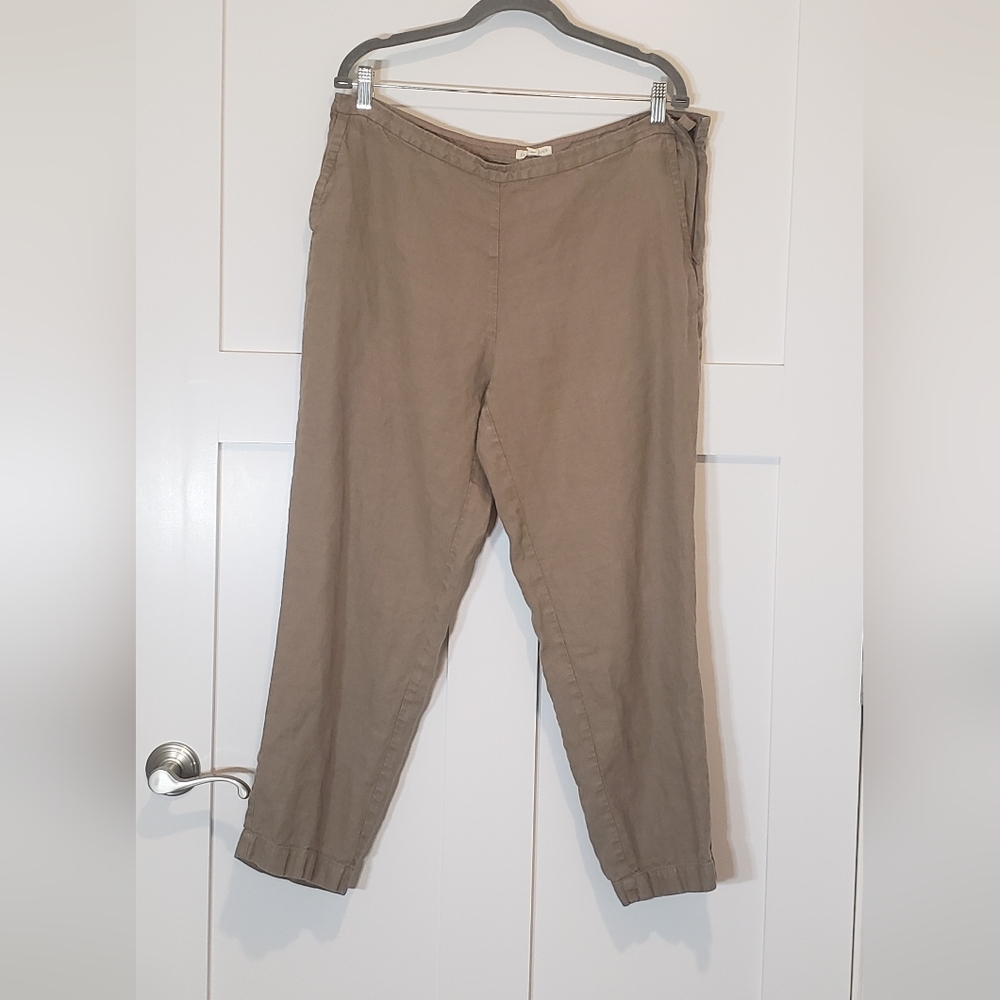 Eileen Fisher Linen 100% Cropped Pants Front Pockets Side Zip Sz Large Brown Tan